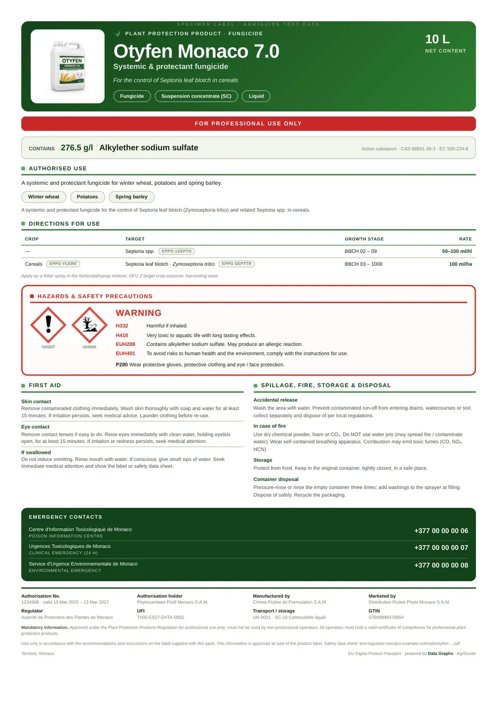 L’etichetta del fungicida Otyfen Monaco 7.0 come PDF statico, fitto di testo normativo.